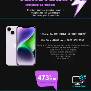 iPhone 14  Mauve  de 128GO reconditionné GRADE A+ (Ventes Flash Guadeloupe)