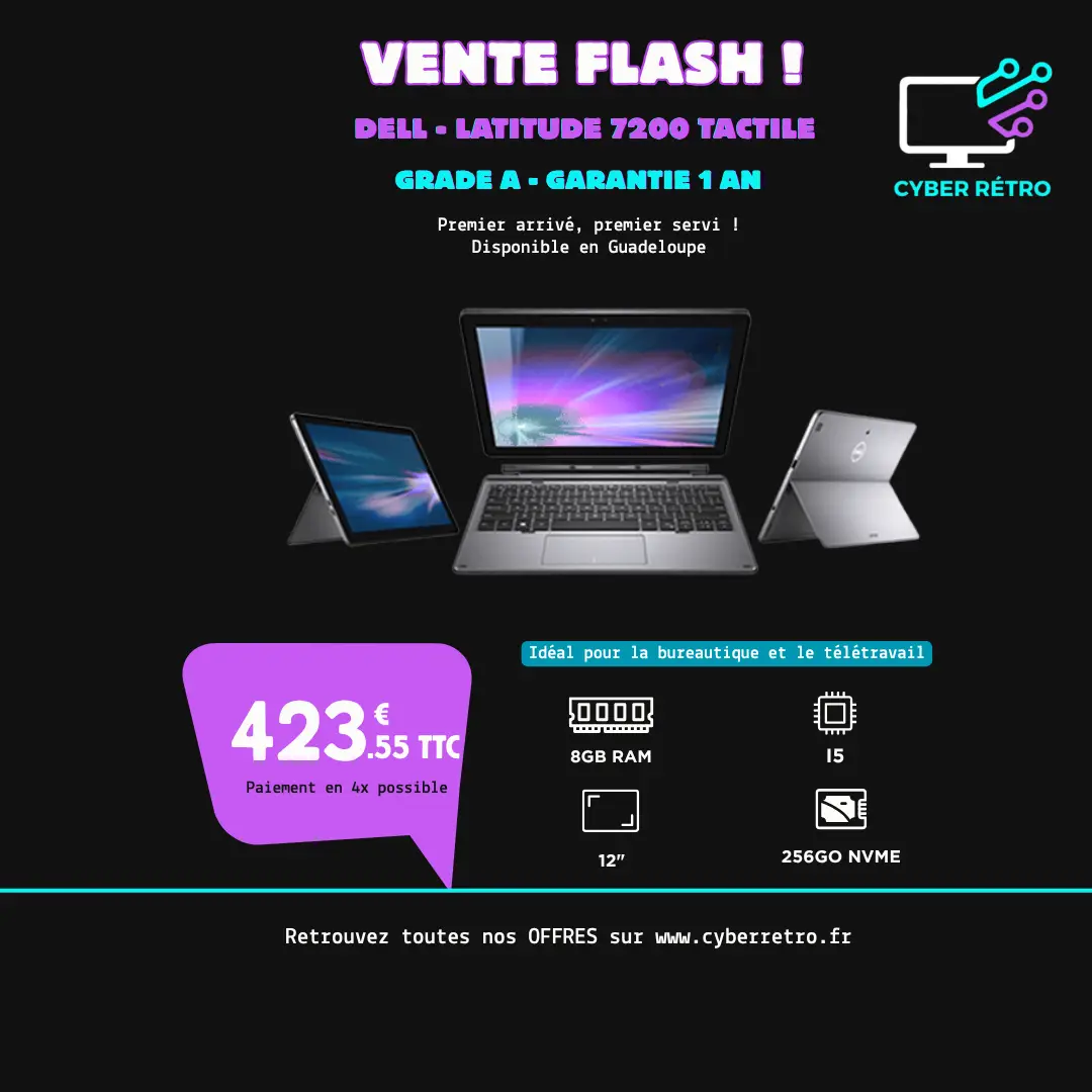 Dell Latitude 7200 2-en-1 reconditionné |i5 | 8 Go RAM | SSD 256 Go NVMe | Écran Tactile 12,3" FHD | Grade A (Ventes Flash)
