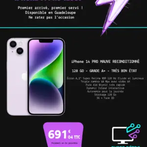 iPhone 14 Pro Mauve  de 128GO reconditionné GRADE A+ (Ventes Flash Guadeloupe)